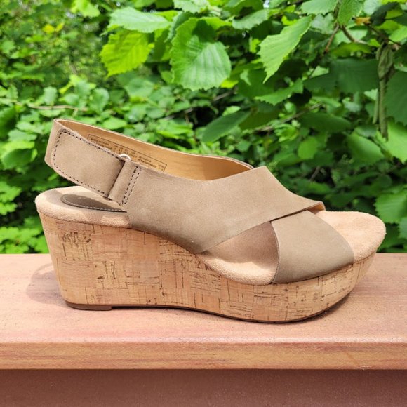Clarks Shoes - NIB Clarks Artisan Caslynn Shae Khaki Nubuck Wedge Sandal Velcro Cork Comfy 8.5
